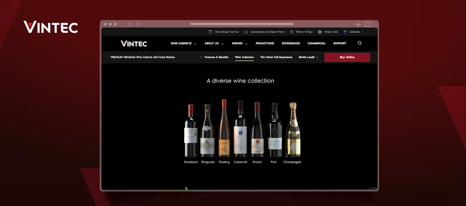 Vintec diverse wine collection featuring Bordeaux, Burgundy, Riesling, and Champagne bottles
