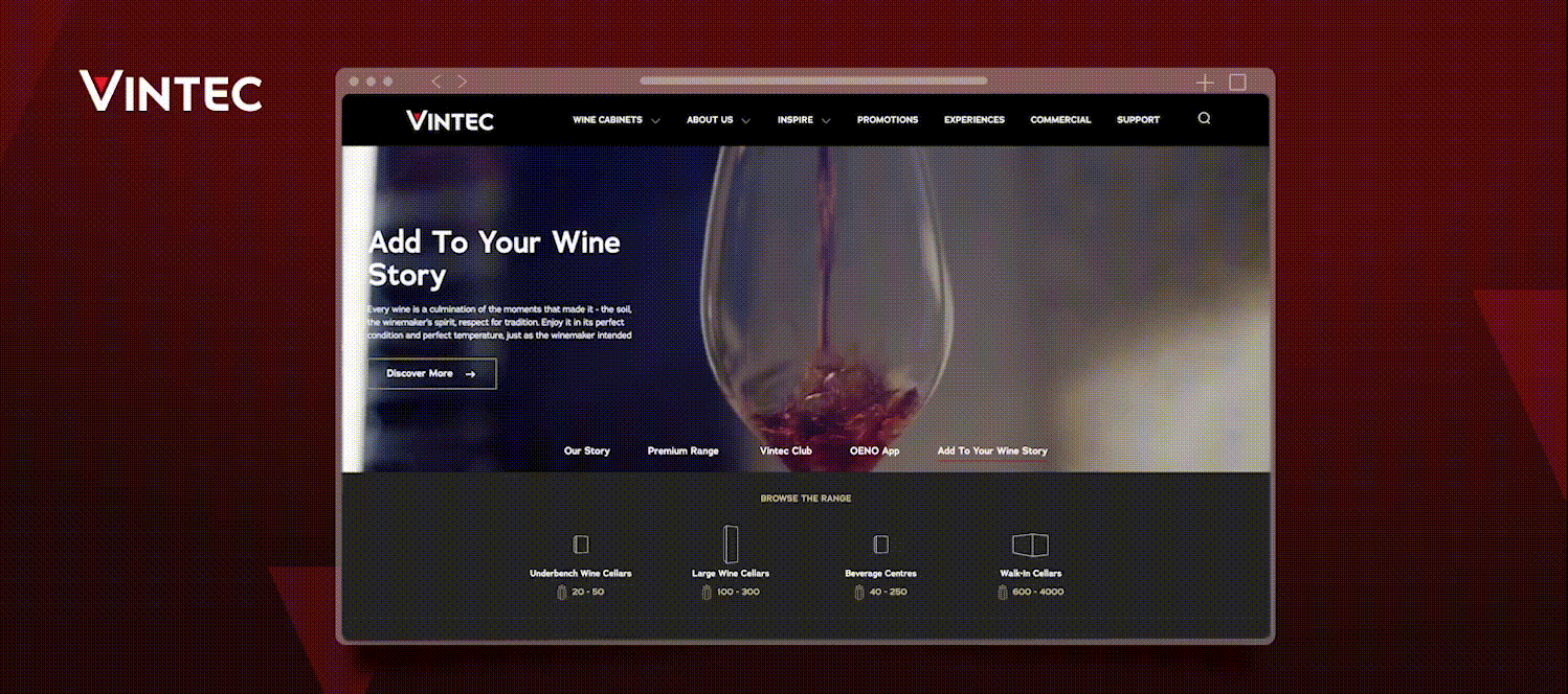 Vintec wine cabinets homepage with red wine pouring into glass and product range options