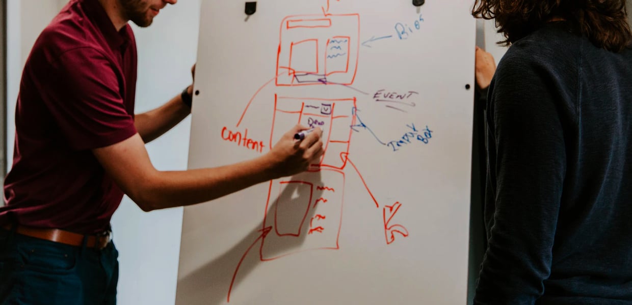 Team planning website wireframe with content and input box on whiteboard