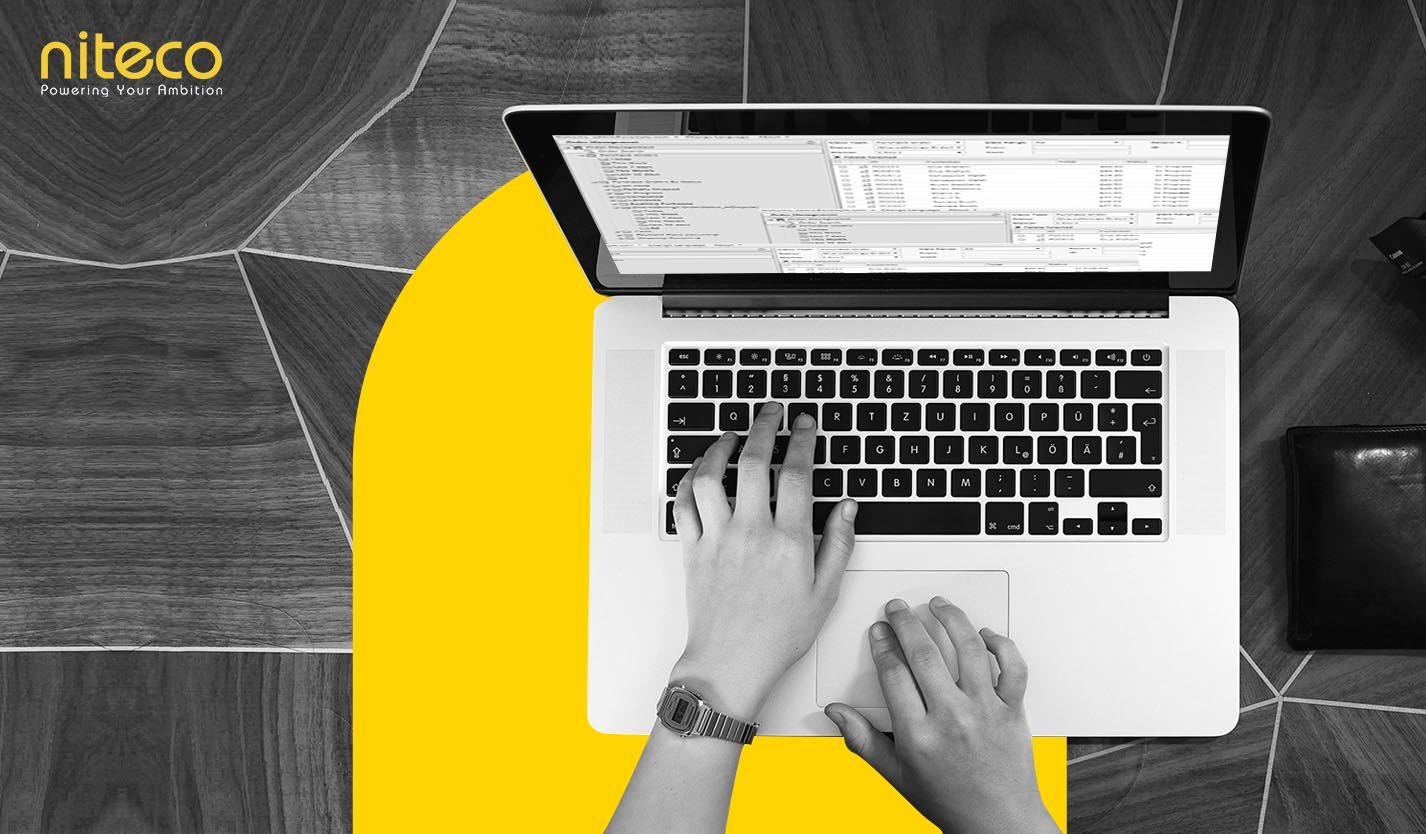 Hands typing on laptop keyboard with coding software, Niteco branding visible