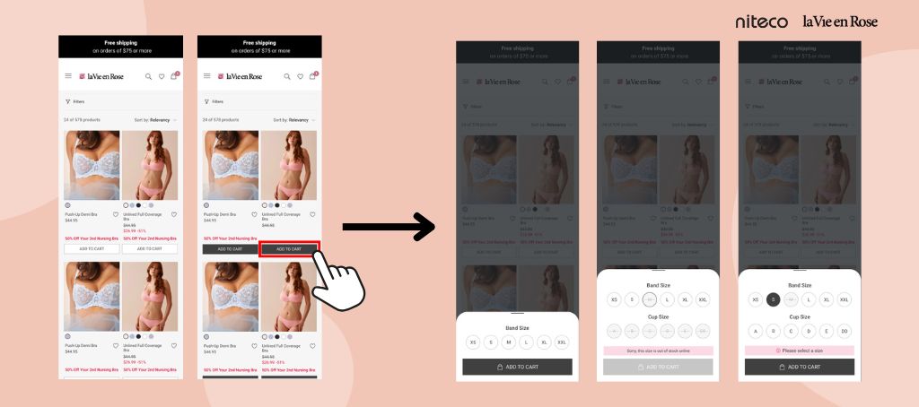 User tapping "Add to Cart" on a lingerie shopping app with size selection steps.