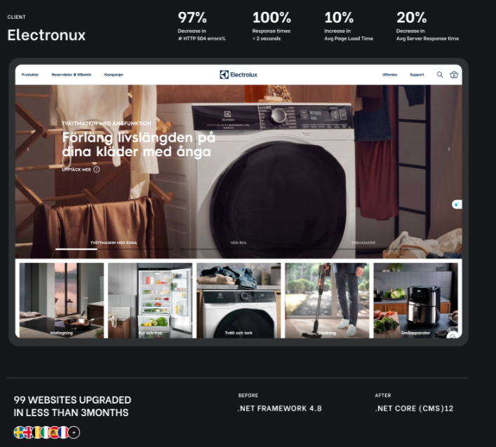 Electrolux website redesign showing washing machine with steam function and product categories