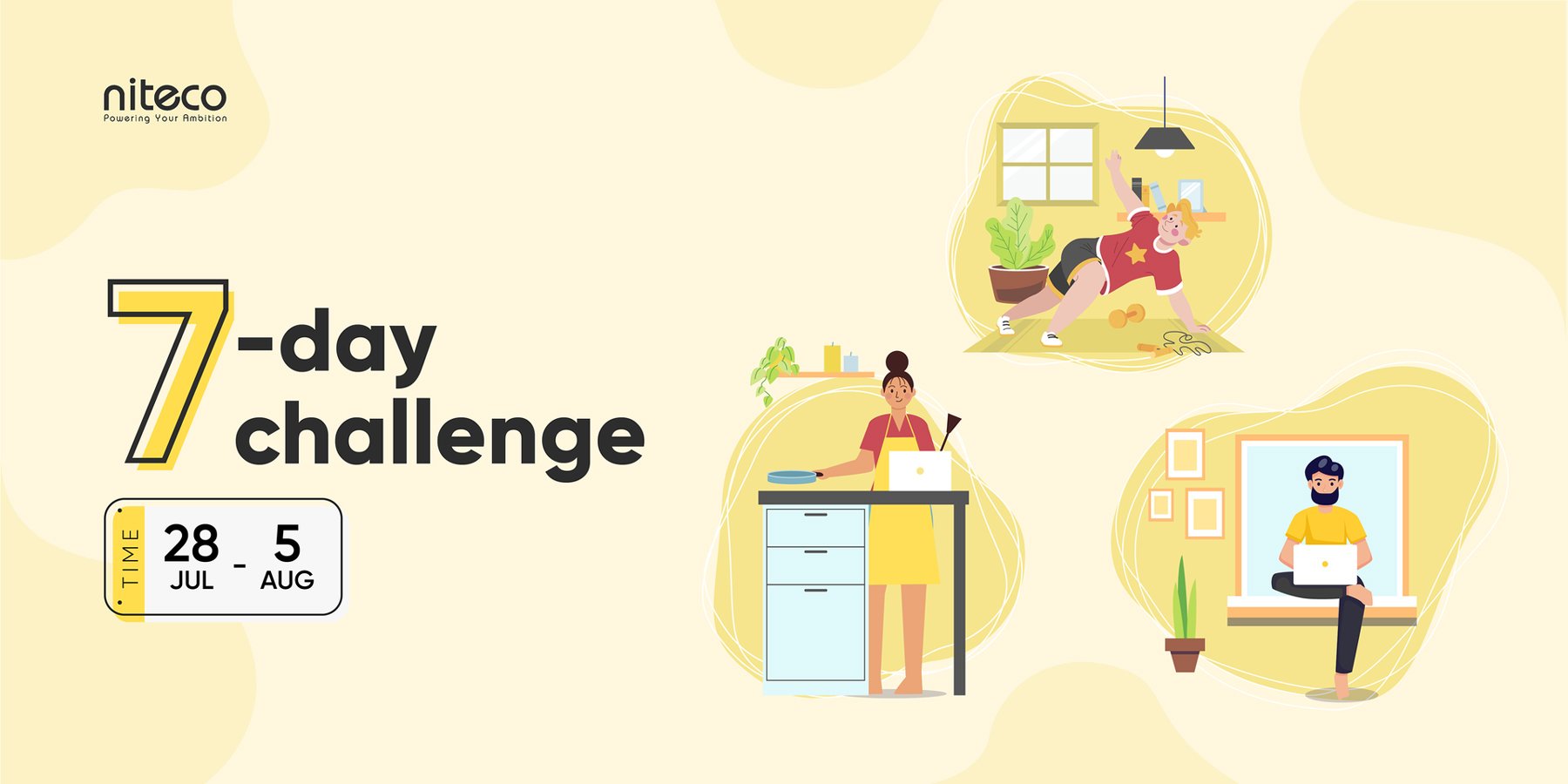 7-day challenge banner with cooking, exercise, and remote work activities from July 28 to August 5