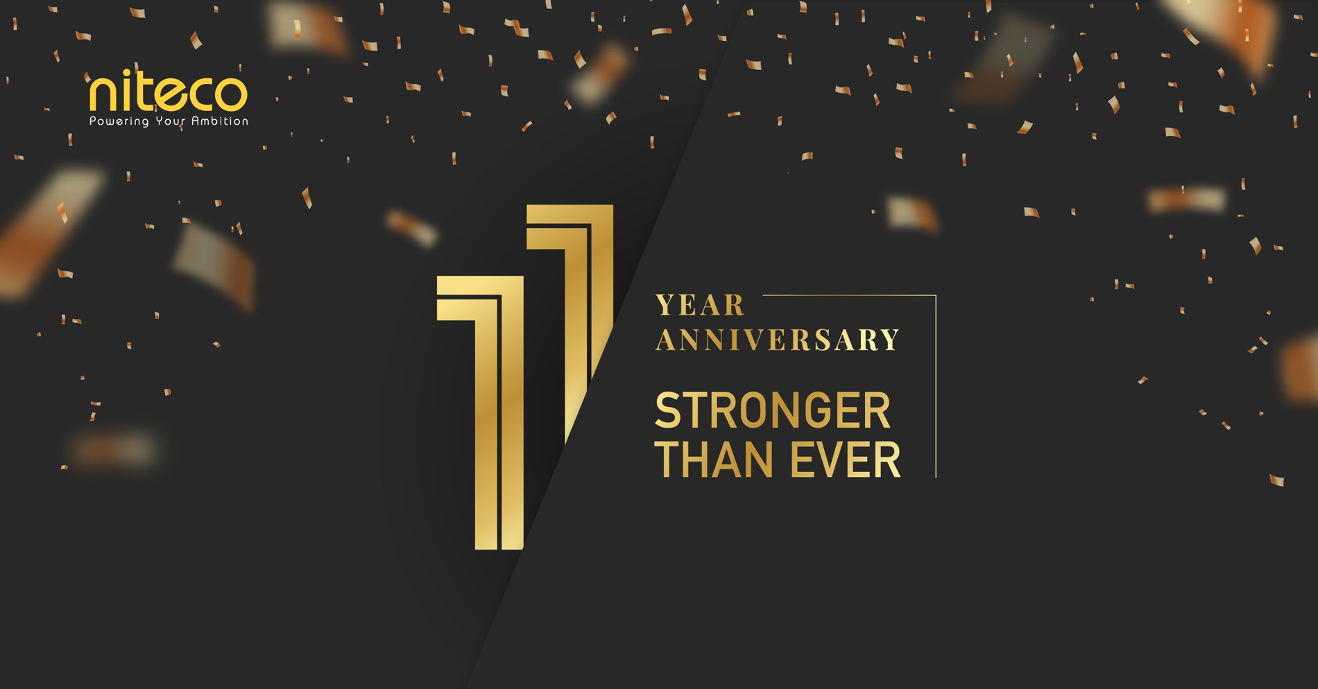 Niteco 11 year anniversary celebration with gold confetti and strong message