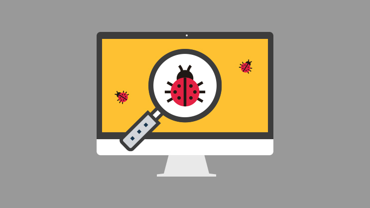 Computer screen with magnifying glass highlighting a red software bug icon