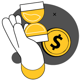 Hand holding hourglass and coin symbolizing time management and cost savings