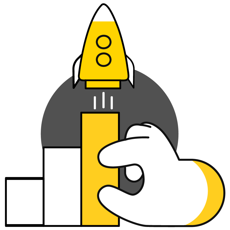 Startup growth concept showing hand launching yellow rocket from bar chart