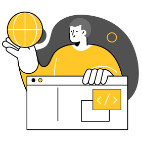 Developer holding a globe icon above a web browser with code snippet panel