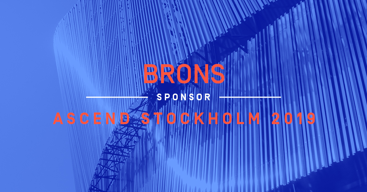 BRONS sponsor banner for Ascend Stockholm 2019 event with modern building facade