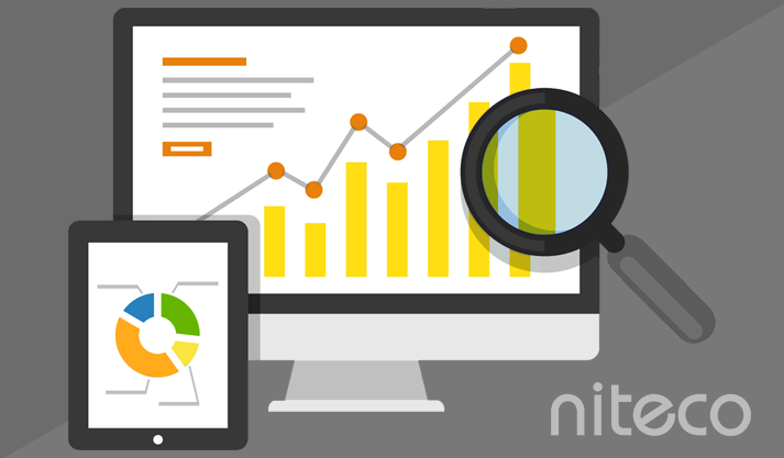 Data analytics dashboard showing bar chart and pie chart on desktop and tablet