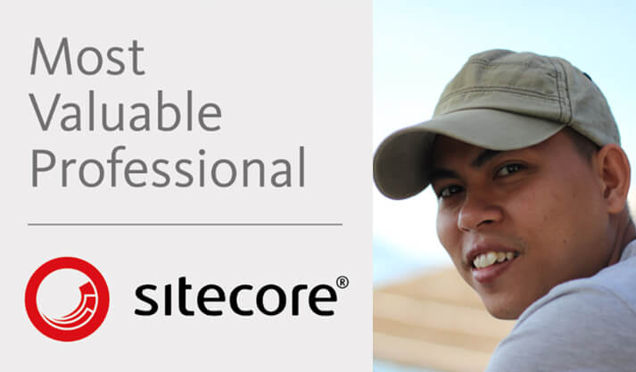 Man wearing cap smiling, Sitecore Most Valuable Professional award text and logo