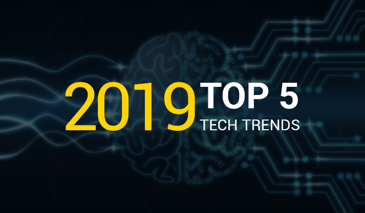 2019 top 5 tech trends with digital brain and circuit background